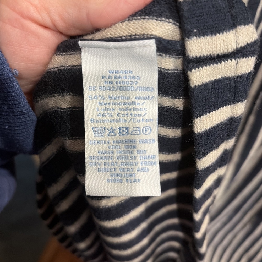 Boden Amelia Dress Navy Beige Striped Fit & Flare Midi Merino Wool/Cotton Sz 14 - Picture 6 of 7